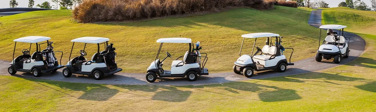 Row of golf carts ready for golf cart transport in Florida